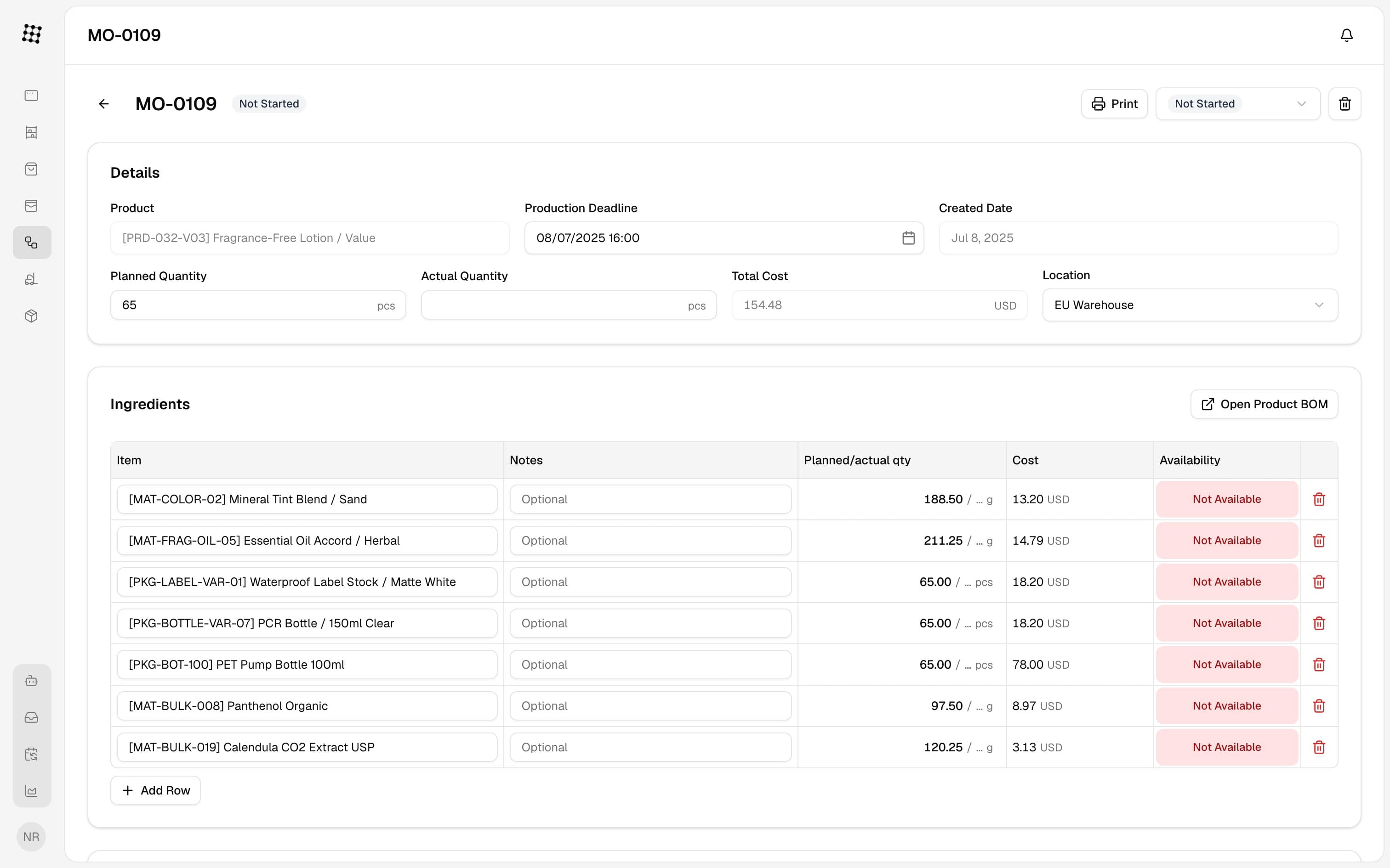 Manufacturing orders UI preview
