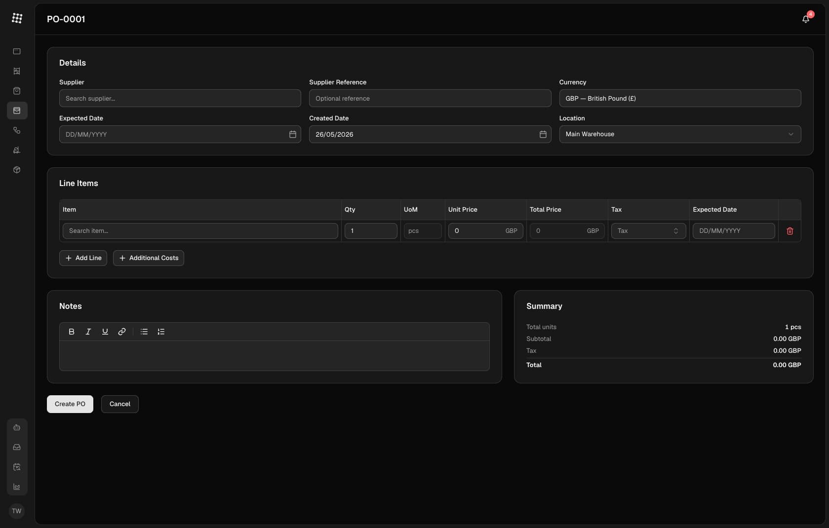 Purchase orders UI preview