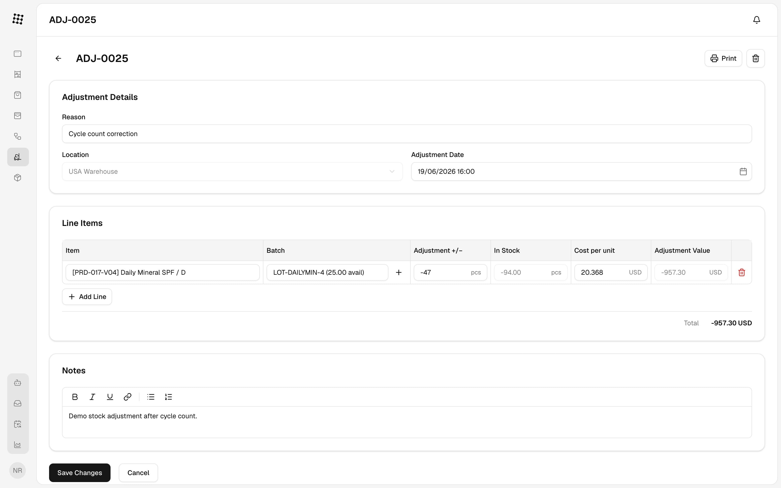 Stock control UI preview